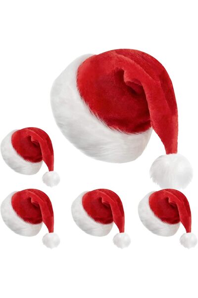 Generic 5 Pcs Fluffy Santa Hat Adults Velvet Christmas Cap Soft Plush Red White Holiday Party Costume