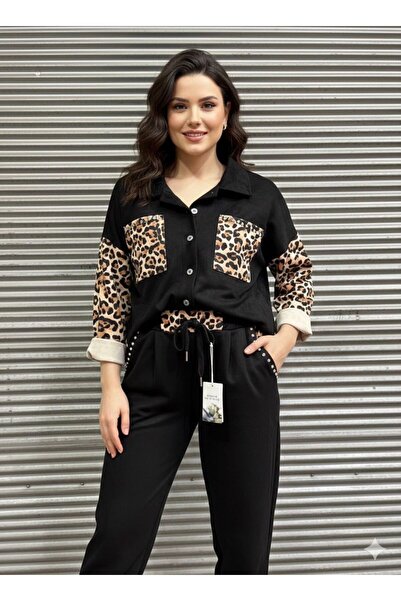 AGORATEKSTİL Women's Original Italian Stone Leopard Detailed Suede Suit (Shirt and Pants)