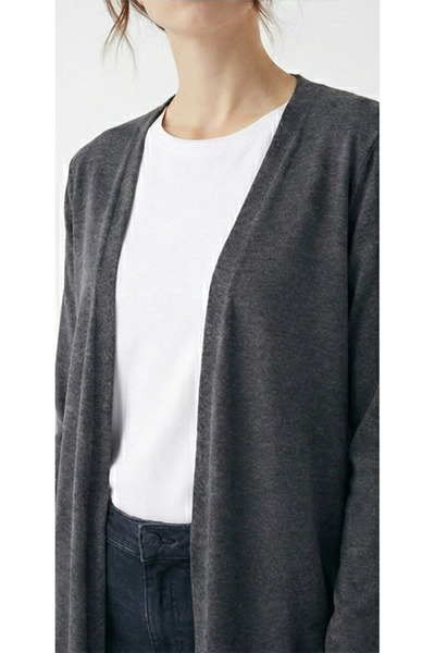 Look Forward Women's Anthracite Long Slit Basic Cardigan