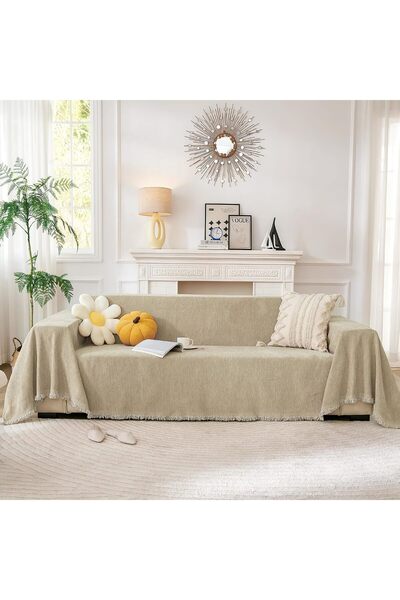 INFOSUN Chenille Sofa Slipcover with Tassels (Khaki, 71 x 103 in)