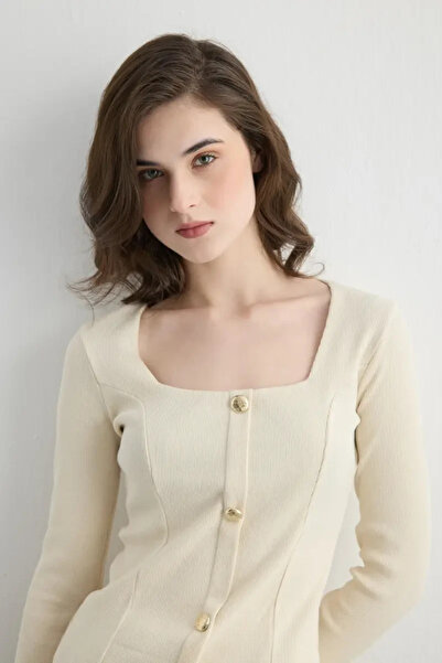 Gusto Square Neck Cotton Knitted Blouse - Ecru