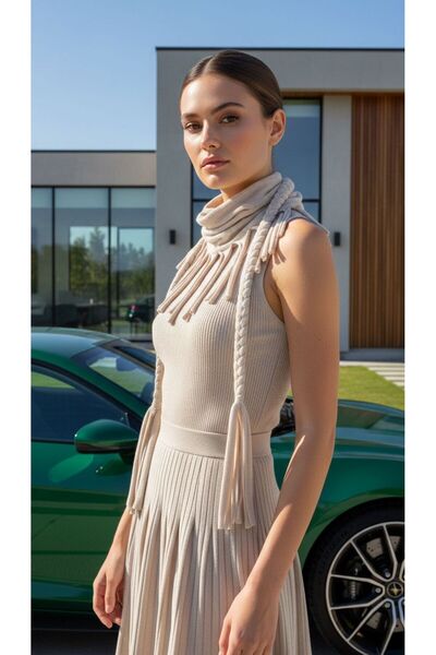 Gönülden Tasarım Ecru Knitted Patterned Combed Cotton Women's Scarf 150X24 cm