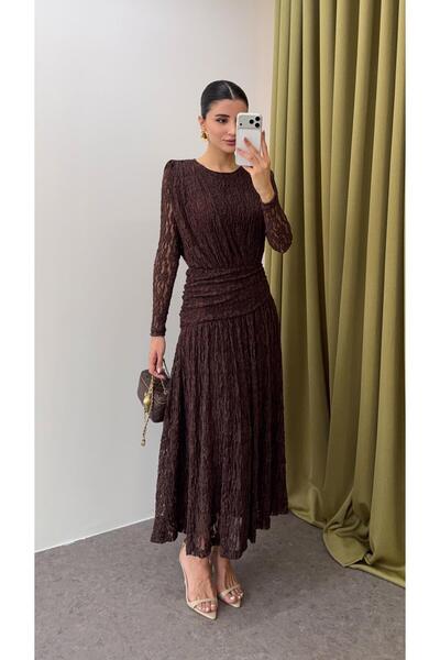 HAZELANNA İthal Dantelli Acı Kahve Elbise