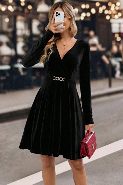 Mossta διπλό πέτο Βελούδινο φόρεμα με λεπτομέρεια με κούμπωμα στο λαιμό - Μαύρο