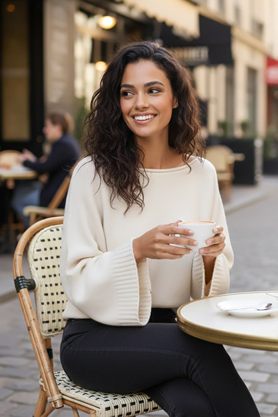 Devinka Women's White Batwing Sleeve Soft Texture Boat Neck Knitwear Sweater