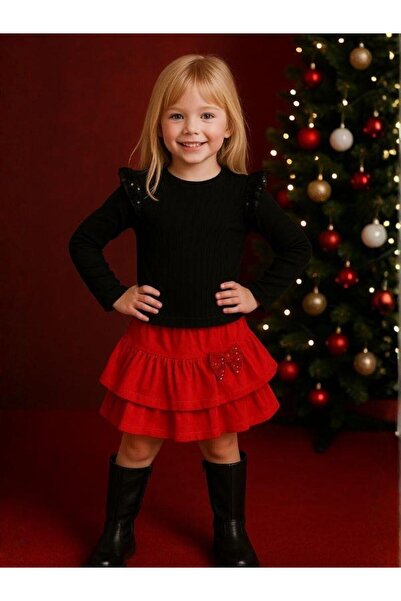 Zekids Set cu paiete pentru fetiță, roșu, cu fustă pliată