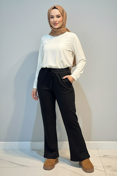 Lale Butik Nervür Stitched Waist Elasticated Lace-Up Trousers 1887 Black