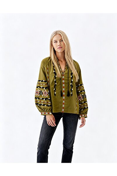 Matcha Butik Women's Green New Season Raglan Sleeve Tassel Embroidered Cotton Blouse