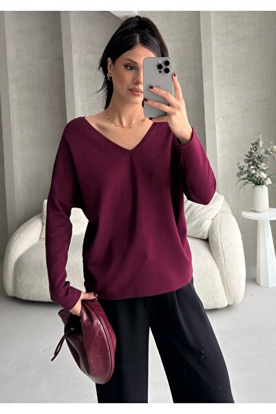 BEJNA Women's V-Neck Backless Soft Modal Textured Flowy Blouse