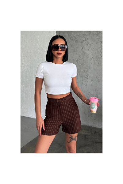 byhodi High Waist Crepe Stretchy Grass Striped Shorts Brown Offering Elegance and Elegance Together