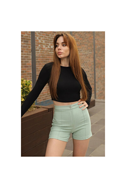 byhodi High Waist Crepe Flexible Grass Striped Shorts Offering Elegant and Elegance Together Water Green