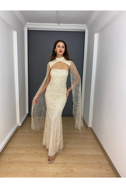 gökkuşagı moda Bej Straplez Boyundan Pelerinli İşli Uzun Abiye Elbise