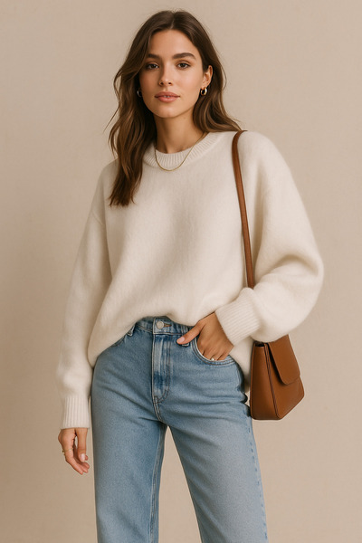 Rich Women's White Soft Textured Basic Long Sleeve Knit Sweater