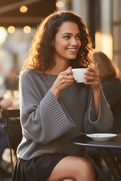 Devinka Women's Gray Batwing Sleeve Soft Texture Boat Neck Knitwear Sweater