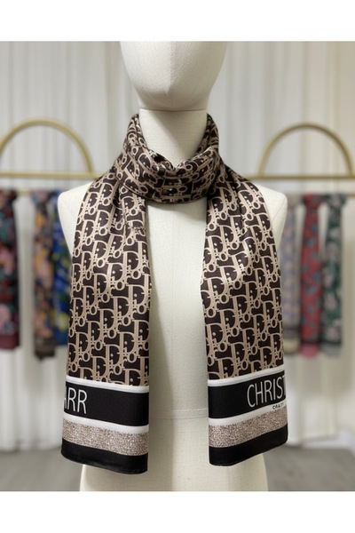 saylux D Monogram Desenli Kahverengi Bej İpek Şal