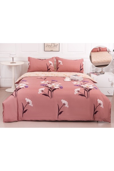 trendyhome Double Bed Satin Cotton Fitted Sheet Set – Floral, Powder Pink & Ivory, 4 Pieces, 180×200 (PT 105