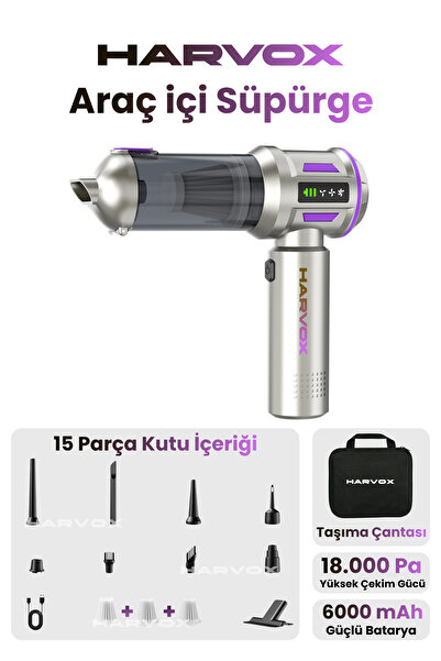 HARVOX 18000pa Güçlü Vakum Araç Süpürgesi Taşınabilir Çantalı 6000mAh Batarya...