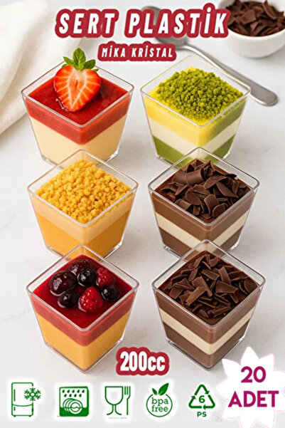 maycup 200Cc Kübik Prizma Mika Magnolya Kase Plastik Tatlı Sunum Kabı Dondurma Puding 20 Adet