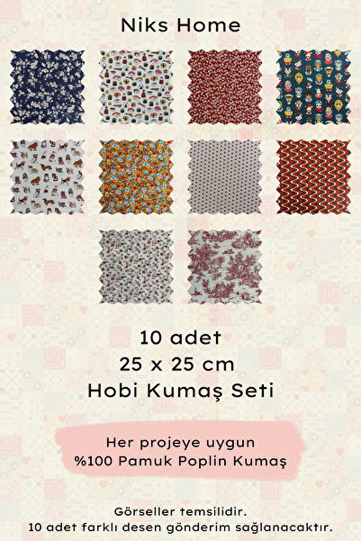 Niks Home Hobi Kumaş Seti | 10 adet 25x25 cm %100 Pamuk Poplin Kumaş | Patchwork - Balmumu Bez - Çok Amaçlı