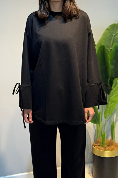 Lale Butik Cuff and Waist Lace Detail Sweat Tunic 3066 Black