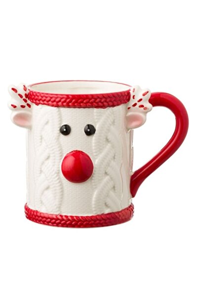 AB HOMES Premium Ceramic Christmas Mug White/Red with 3D Reindeer Embossed, 560ml