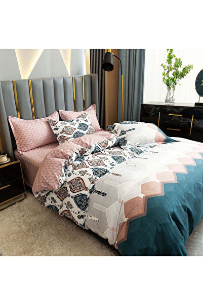 trendyhome Satin Cotton Bedding Set 4 Pieces – Abstract Floral, Powder Pink/Turquoise, A50-651
