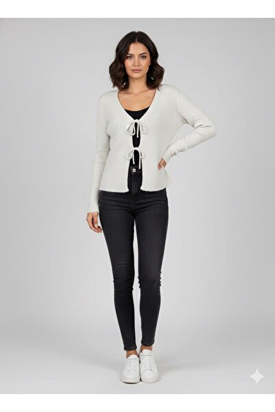 MOVA MODA Ekru örme bağcıklı ceket