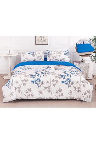 trendyhome Lenjerie pat dublu bumbac satinat cu elastic – Bambus, alb/gri perlat și albastru regal, 4 piese,