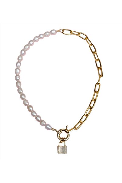 House of Crystals Colier cu Perle de Cultură și Pandantiv Lacăt Placat cu Aur Leto