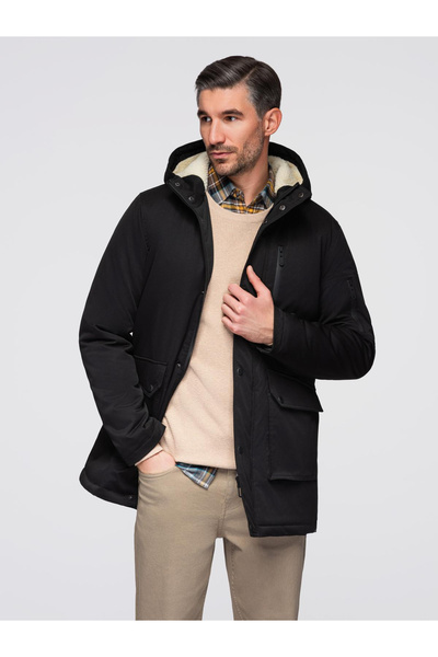 OMBRE Parka lungă pentru bărbați cu căptușeală de blană - Negru OM-JAPJ-0316