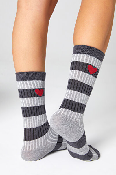 bamboo star Women's Smoked-Grey Socket Stitch-Free Heart Patterned Socks Non-Squeezing Socks / Does Not Leave Marks