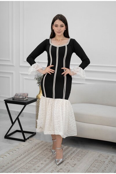 TREN Sophisticated Long Sleeve Lace Detail Midi Dress - Premium Crepe Evening Wear for Special Occasions