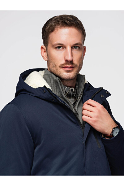 OMBRE Μακρύ Ανδρικό Πάρκα με Γούνινη Επένδυση - Μπλε Ναυτικό OM-JAPJ-0316