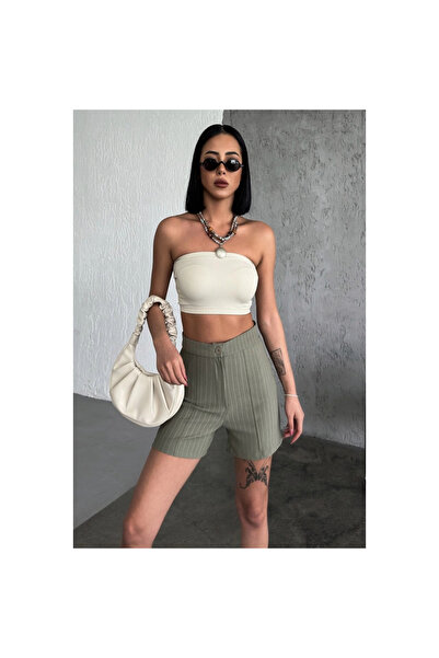 byhodi High Waist Crepe Stretchy Striped Shorts Khaki That Offers Elegance and Elegance Together