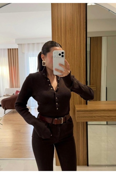 OEM Kadın Çıtcıt Detaylı Triko Bluz – V Yaka Uzun Kollu