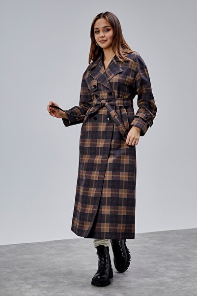 Bolivente Elora Navy Blue Plaid Detailed Premium Oversized Trench Coat 46650