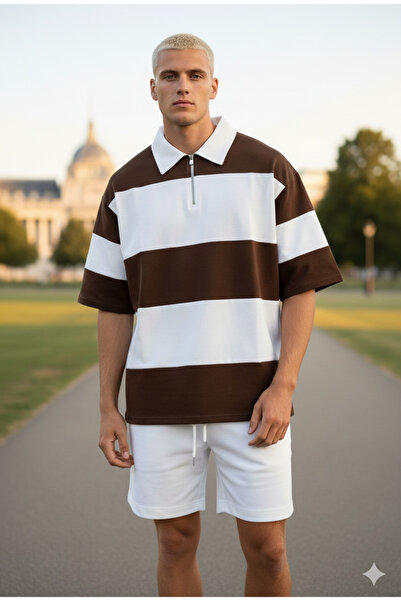 Modaikon Unisex Patchwork Polo Neck Half Zipper T-Shirt Shorts Set-Overisize ...