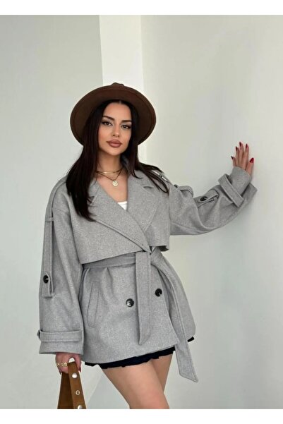 moda paketi Women's Wide Collar Belted Short Cashmere Coat – Oversized Models – Casual Stylish Outerwear