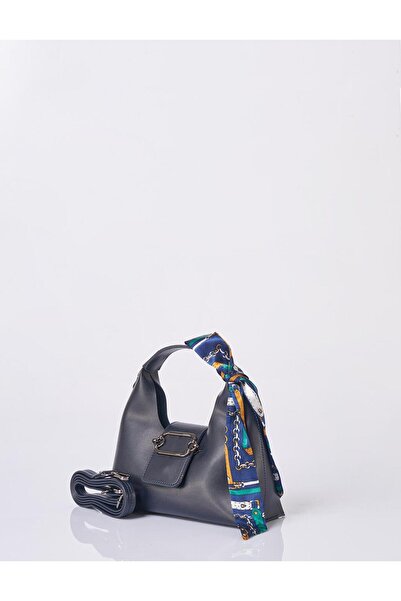 Kayra Foulard Detailed Faux Leather Bag Navy Blue