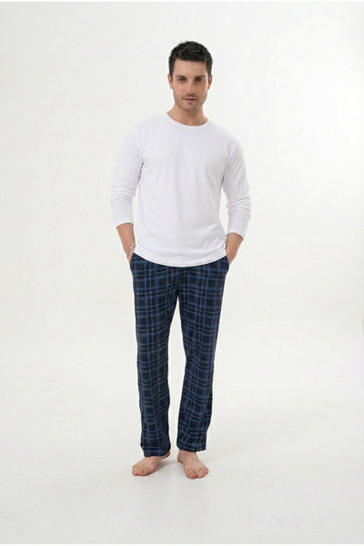 Pijamasoft Men's White-Dark Blue Plaid Printed Cotton Knitted Long Sleeve Pajama Set with Pockets