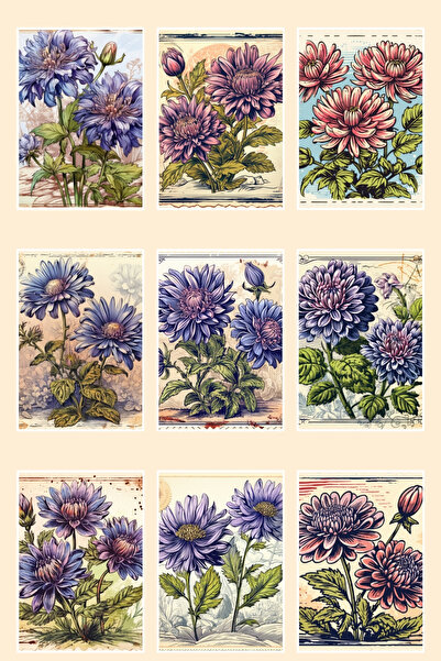 qoeuyl boutique Καρτ ποστάλ 9 τεμαχίων με θέμα τα ρετρό λουλούδια