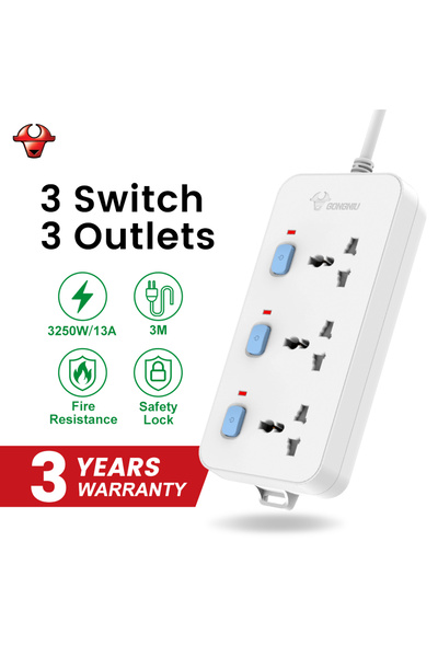 GONGNIU شريط طاقة متعدد المنافذ مع سلك تمديد عالمي ومفاتيح فردية.