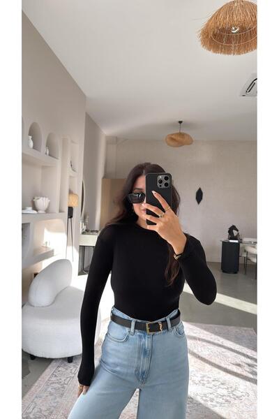 Buket Teke Black Crew Neck Cashmere Semi-Sheer Blouse