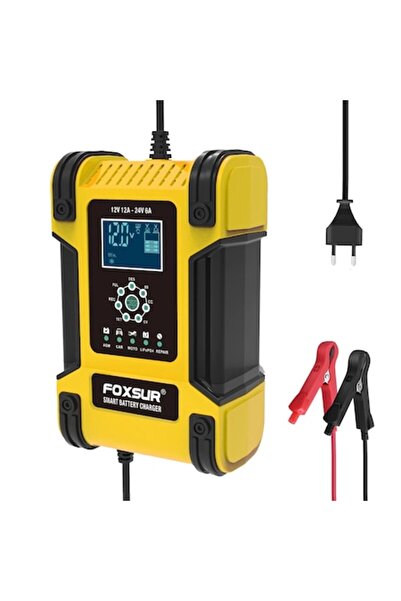 Foxsur Smart Battery Charger 12V/24V, 4–200Ah, 12A/6A, Display, Pulse Repair, Start-Stop Support