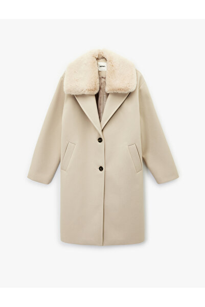 Koton Detachable Faux Fur Collar Coat Oversized Cashmere Long Sleeve with Pockets Buttoned