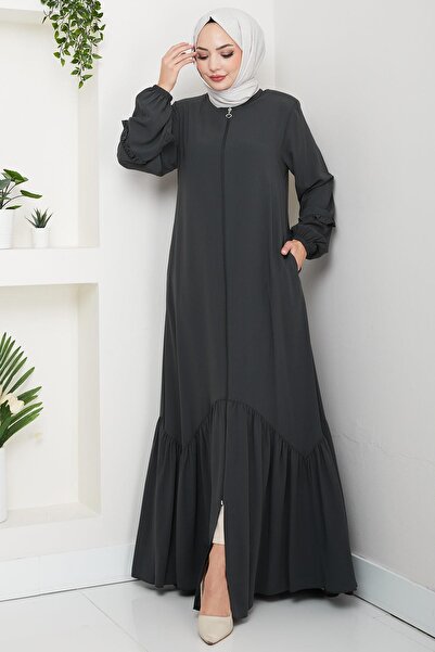 hafsamina Handle Volanlı Ferace Füme Hm2862