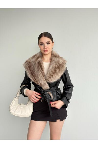 bbeox.com Kürklü Deri Bağlamalı Ceket