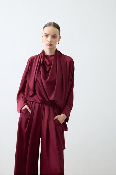 TERZİ DÜKKANI Elena Satin Suit with Pants Burgundy