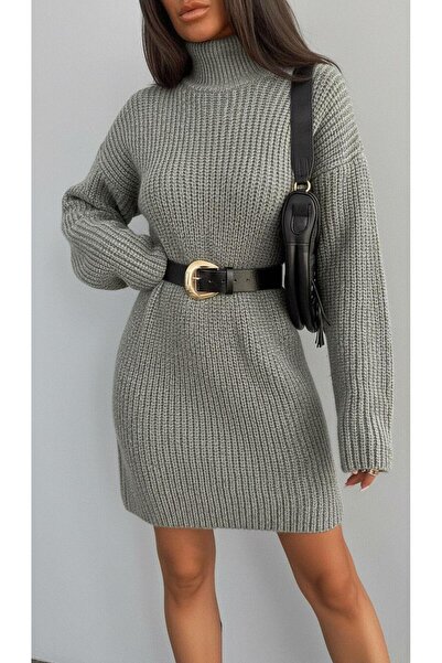 Miss Poem Gray Turtleneck Thessaloniki Knit Women's Knitwear Dress