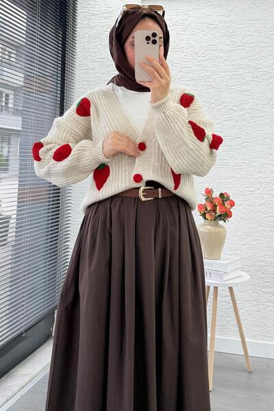 MELEK ARAZ Strawberry Patterned Short Oversized Knitwear Cardigan – Stone